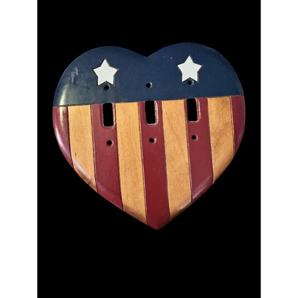 VTG 80s american heart switch plate cover DERKS wood Stars & Stripes Farmhouse - Picture 1 of 7